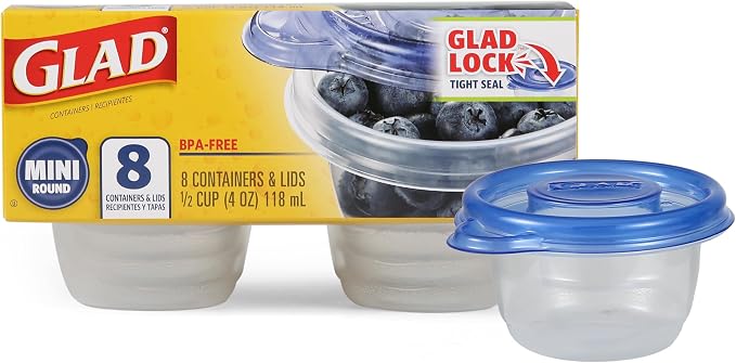Glad GladWare Mini Round Food Storage Containers, 4 Oz, 8 Count, 12-Pack | BPA-free, lock-tight seal for snacks, portion control, and on-the-go; reusable and stackable