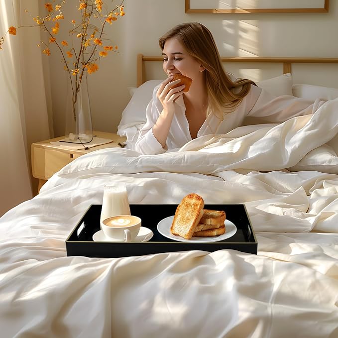 Black Decorative Tray for Coffee Table, Serving Tray with Handles | Plastic Melamine Tray, Modern Ottoman Tray, Rectangular Countertop Organizer Tray for Living Room, 15.8"L x 10.2"W x 1.4"H