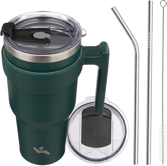 Konokyo 40 oz Tumbler with Handle and Straw, Insulated Travel Mug | Army Green; BPA-free, leak-proof tumbler with 2 lids, 2 straws, cup holder fit for coffee, office, travel & daily use