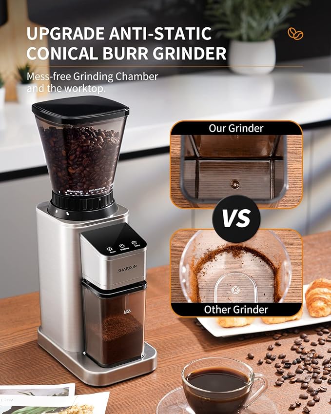 SHARDOR Professional Conical Burr Coffee Grinder, Coffee Bean Grinder with 48 Grind Settings for Espresso, Drip & French Press, Upgraded Anti-Static Technology, Precision Timer, Stainless Steel | Electric Grinding, Stainless Steel, LCD Touchscreen, Pre...