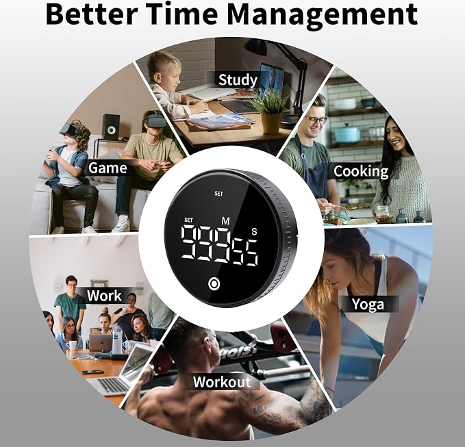 Digital Kitchen Timer, Magnetic Visual Countdown Countup Timer with Large LED Display, Adjustable Volume, Easy for Seniors and Kids, for Cooking, Classroom, Fitness, Study (Black)