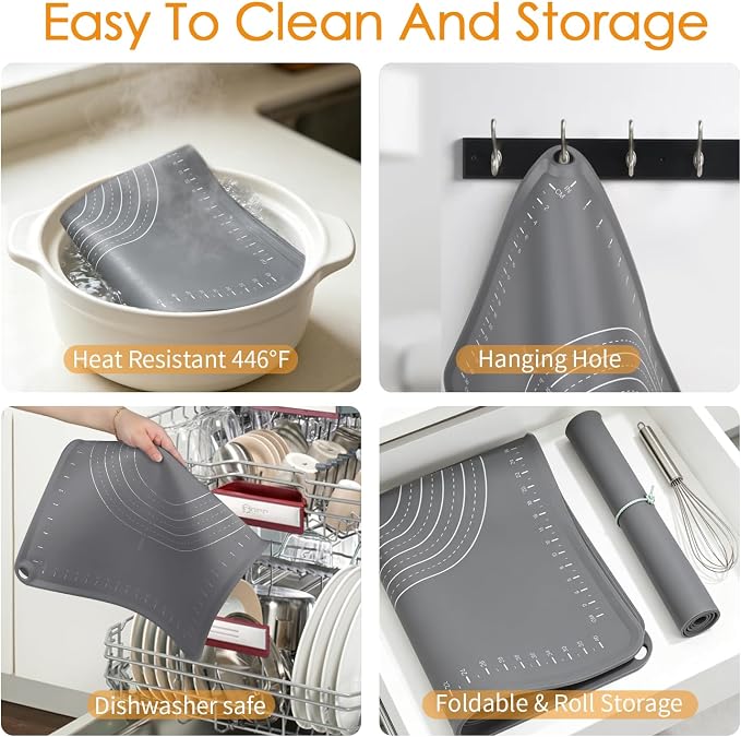 Silicone Pastry Mat 24" x 16" Baking Mat with Measurements and Edge Heightening, Thick Non-slip BPA Free Silicone Pad for Countertop Rolling Kneading Dough, Bread, Cookies,Pizza, Fondant,Dark Gray