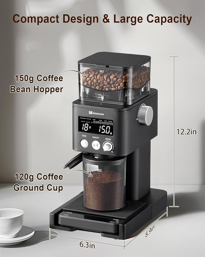 MOKKOM Coffee Grinder Electric with Scale, Conical Burr Coffee Grinder for Espresso, 31 Grind Settings, Anti-Static Coffee Bean Grinder, Grind by Weight for Espresso, Pour Over & French Press, Black