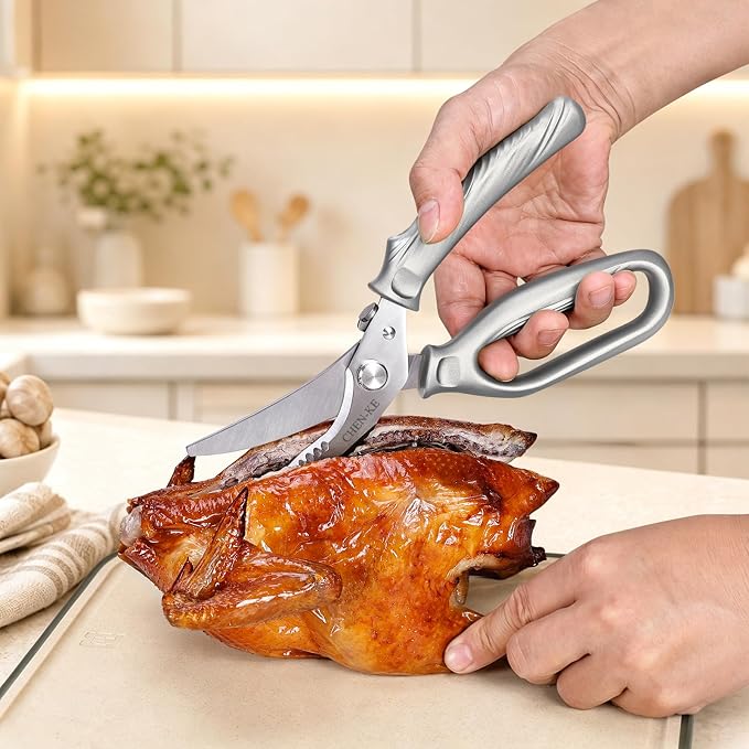 CHEN-KE Rust Resistant Heavy Duty Multipurpose Kitchen Shears-Silver | Stainless Steel Kitchen Scissors, One-Hand, Ergonomic Grip, Sharp Durable Poultry Scissors for Chicken, Meat, Food Cutting
