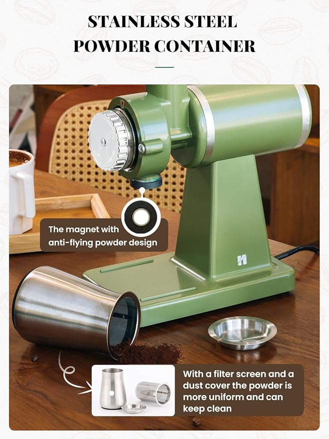 Huanyu 60mm Flat Burr Coffee Grinder, Retro Cream Green for Home Cafe | Stainless steel burr, 8 precision grind settings, 250g hopper, magnetic anti-splash outlet, sifting cup, for home cafe, 200w
