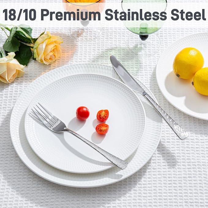Silverware Set for 8, 40 Piece Flatware Set, 18/10 Stainless Steel | Hammered Mirror Polished Ripple Handles, Dishwasher Safe, Rust Resistant, for Home Kitchen, Wedding, Party, Housewarming Gift