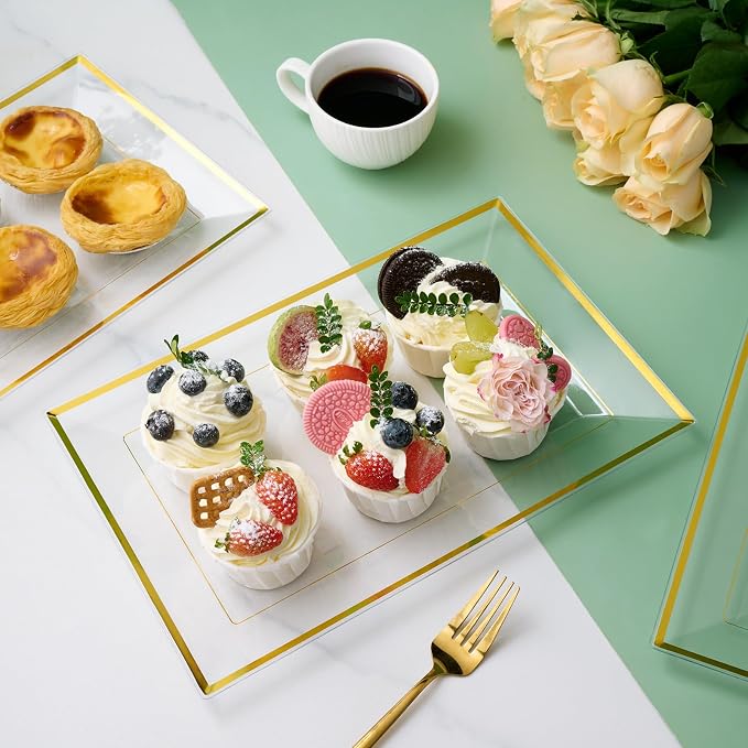 FOCUSLINE 8 PCS Plastic Serving Trays for Party, Clear Gold Rim Platters | Durable Construction, Elegant Appearance, Disposable and Reusable, Ideal for Parties, Weddings, Catering, Desserts