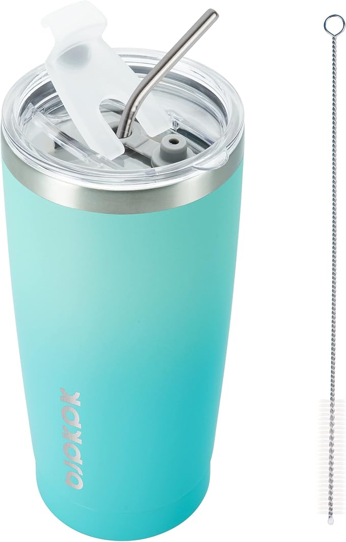 BJPKPK 20oz Coffee Tumbler with Lid & Straw, Insulated Stainless Steel Mug | Double Wall Vacuum, Keeps Hot/Cold, BPA Free, Leak Proof, Iced Coffee Cup Fit Car Holder, Travel & Beach, Mint