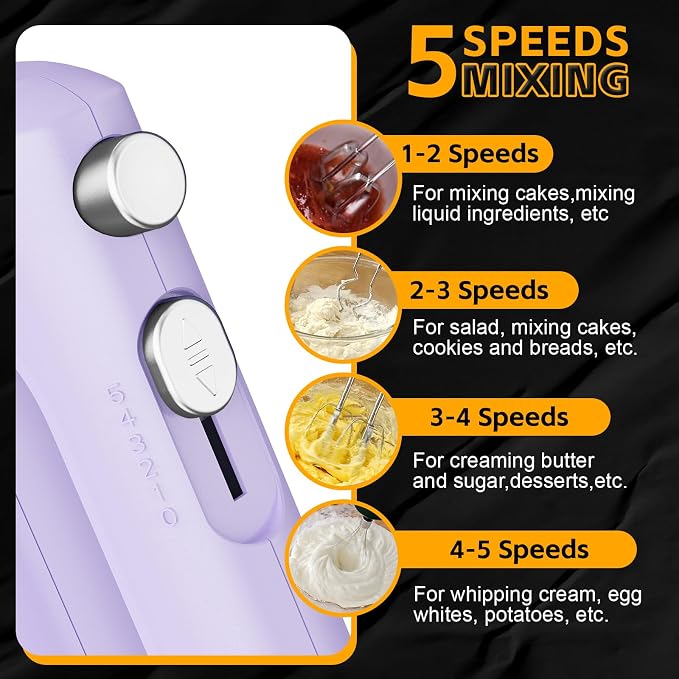 Lord Eagle 5-Speed Hand Mixer Electric With 4 Mixing Bowls Set | 300W Lightweight Kitchen Handheld Mixer with Measuring Cups & Spoons, Stainless Steel Bowls, Baking Supplies for Cake, Purple