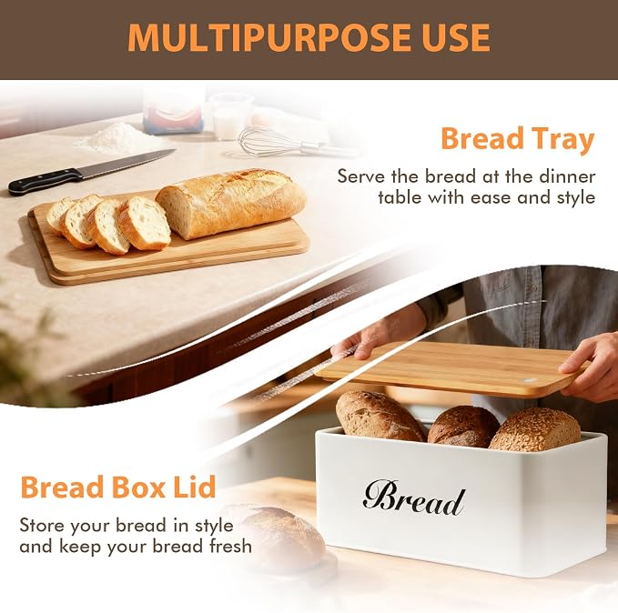 RYTOXILO White Bread Box for Kitchen Countertop, Metal Breadbox with One-Way Degassing Valve Bamboo Lid, Bread Storage Boxes Container for Homemade Bread, Sourdough Food Cutting Board
