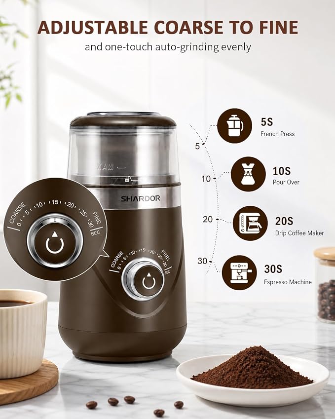 SHARDOR Electric Super Silent Blade Coffee Grinder, Timed Grind Control Rotary Knob, Adjustable Coarse to Fine for Coffee Beans, Spices & Herbs, with 2 Removable Stainless Steel Bowl, Brown