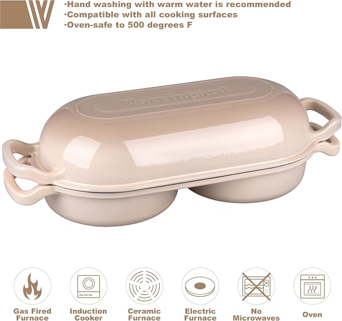 Enameled Cast Iron Double Dutch Oven with Lid, Dual Round Loaf Pan, Bread pan for Homemade Sourdough Bread Baking, Latte