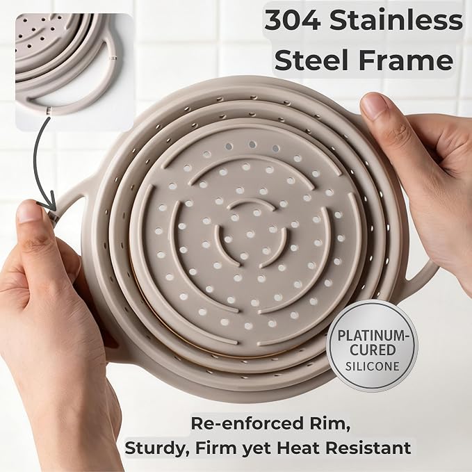 SelectShen™ Collapsible Silicone Colander Set, Stainless Steel Rim (3 Pk) | Heat-resistant, dishwasher-safe platinum silicone strainers. Sturdy stainless steel rim. BPA-free, space-saving, set of 3