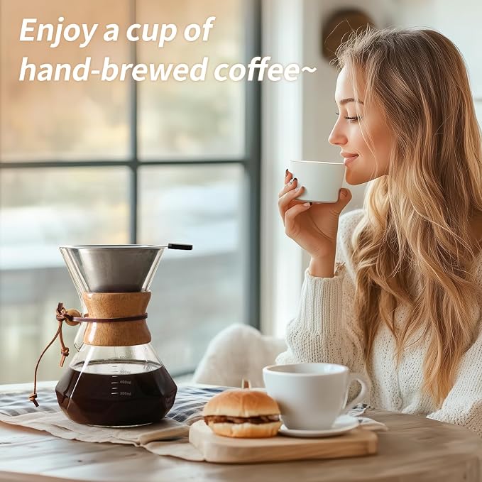 Pour Over Coffee Maker 20 OZ, 6 Cup Borosilicate Glass Drip Coffee Maker with Reusable Stainless Steel Filter and Cork Grip for Home Café 600 ML (Diamond Shape)