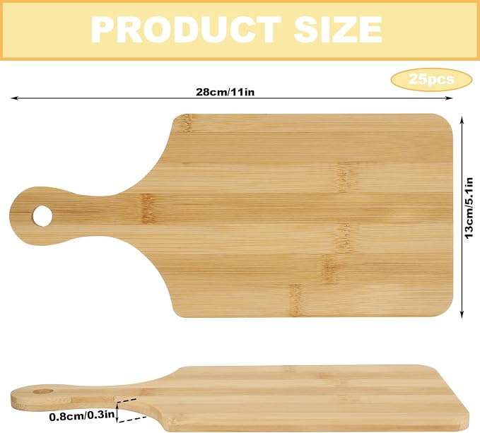 25 PCS Bulk Cutting Boards Mini Charcuterie Boards Bulk Wood Chopping Board Laser Engraving Serving Board with Handle Charcuterie Boards for Pizza, Bread, Cheese, Charcuterie, Fruit 11" x 5" Bamboo