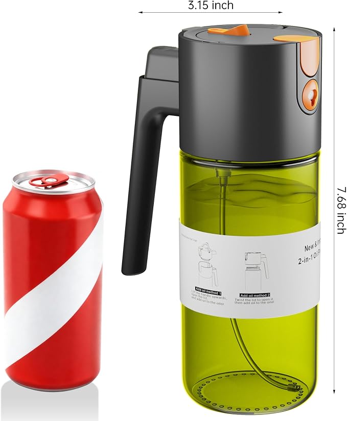 Olive Oil Sprayer & Dispenser for Cooking, 17oz Dark Glass Oil Mister, 2PC | 2-in-1 Sprayer & Pourer, Fine mist, Leakproof, Light-Blocking, Wide Mouth for Easy Refill & Clean, 8 Oil Labels, Reusable