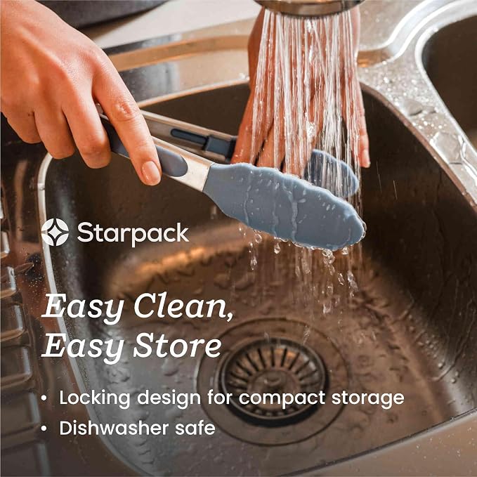 Starpack Get a Grip Silicone Kitchen Tongs (9 Inch) - LFGB Non Toxic, 600°F Heat Resistant, BPA-Free - Heavy-Duty Stainless Steel, Locking - Dishwasher Safe for Nonstick Cookware