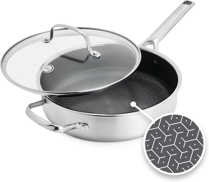 GreenPan Hybrid 5QT Stainless Steel Saute Pan with Lid, Ceramic Nonstick | APEX Tri-Ply Pan, PFAS-Free Thermobond Nonstick, Induction & All Cooktop Compatible, Dishwasher & Oven Safe to 850F, Silver