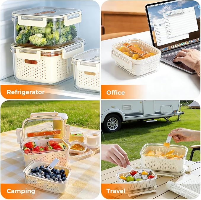Fruit Storage Containers for Fridge,berry containers with Colander and Built-in Forks,2 packs 57oz & 13oz Airtight Food Containers with Lids, BPA Free Berry Keeper, to go box for lunch, travel, office