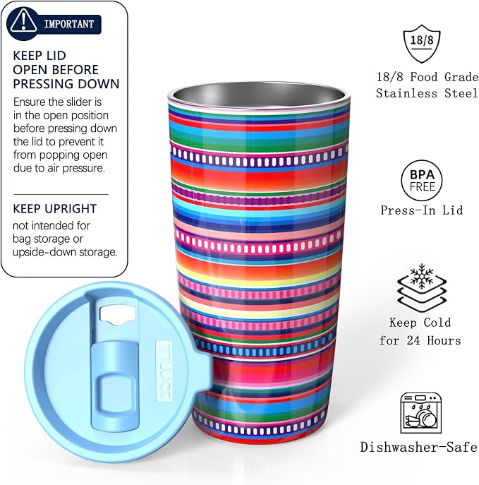 TILUCK 20 oz Insulated Coffee Tumbler with BPA-Free Lid | Travel Coffee Mug, Dishwasher Safe, Cup Holder Friendly, Double-Wall Vacuum Insulation for Hot & Cold Drinks, RainbowStripes