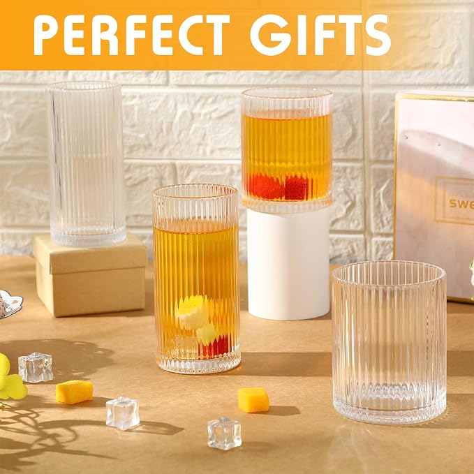 Zhehao 12 Pcs Ribbed Drinking Glasses Set 12 oz 14 oz Glass Cups Vintage Glassware Ribbed Cocktail Cup Clear Ice Coffee Highball Ripple Drinkware for Home Bar Beverages