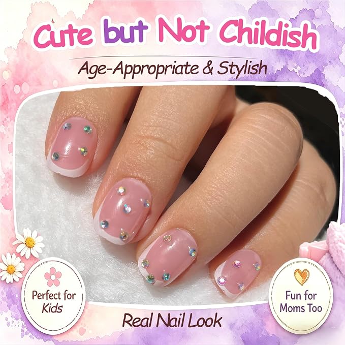 24pcs Kids Press on Nails, French Tips 3D Nail Rhinestones for 6-12 Years | Square Press on Nails for Kids, 12 Size, Non-Toxic, Fashion Nail Kit with Adhesive Tabs, Nail File, for Christmas, Birthday