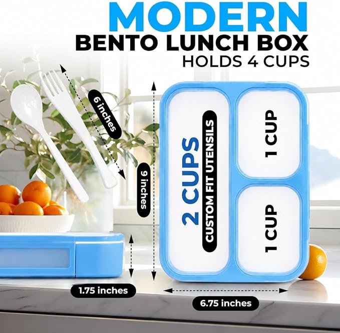 Bento Lunch Box Kids & Adults, Lunch and Snack Containers for Boys & Girls with 3 Compartments - School, Work Daycare, Meal Planning Portion Control Container, BPA-Free Boxes, Utensils, Blue 1 pack