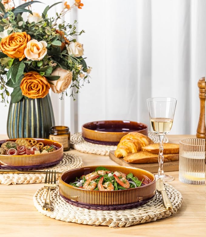 7.5" Ceramic Pasta Bowls Set of 4, Salad Bowls | Versatile Serving Bowls for Pasta, Salad, Fruit & Noodles, Housewarming & Wedding Gift, Amber Amethyst