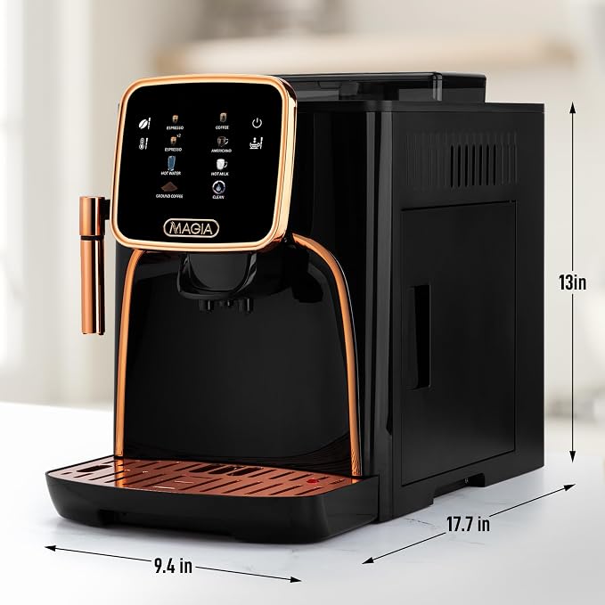Zulay Kitchen Magia Clasica Automatic Espresso Machine with Built-In Grinder, Touch Panel Coffee Maker, Steam Wand Milk Frother, Adjustable Strength, Self-Cleaning, Black & Copper (13" x 17.7" x 9.4")