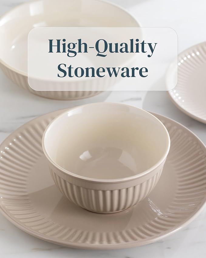 Stoneware Dinnerware Set for 4 People HYGGE 12-Piece - Elegant Scandi Design - Premium Dish Set - Bowl and Plate Set - Tableware for 4 People in a Ribbed Design - Pure Living in Light Brown