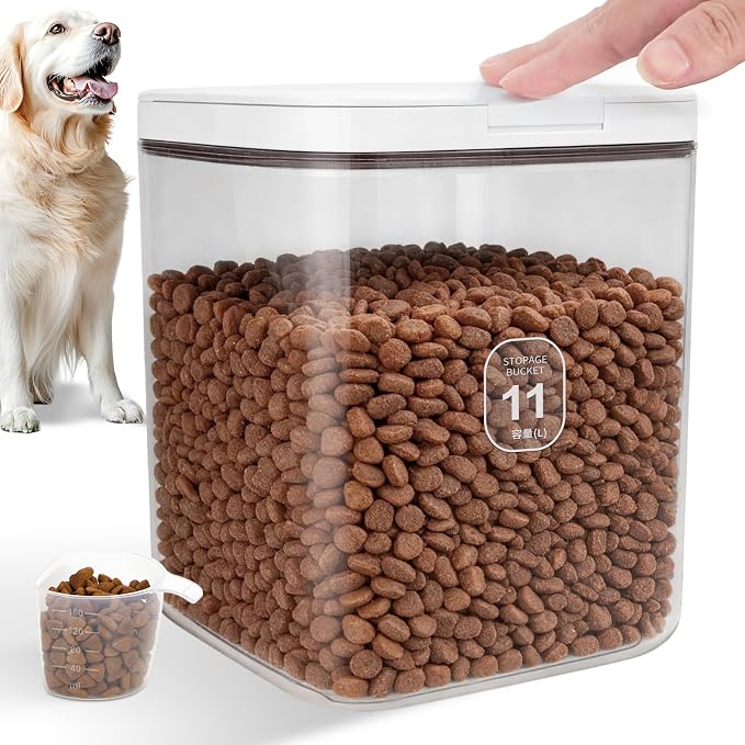 LEAWALK 11 Lbs Airtight Dog Cat Food Storage Container and Dog Treat Containers BPA-Free, PET Clear Stackable Pet Storage Bin, Pop Top, 1-Cup Scoop, for Pet Food/Rice/Flour/Bread/Grains/Spaghetti