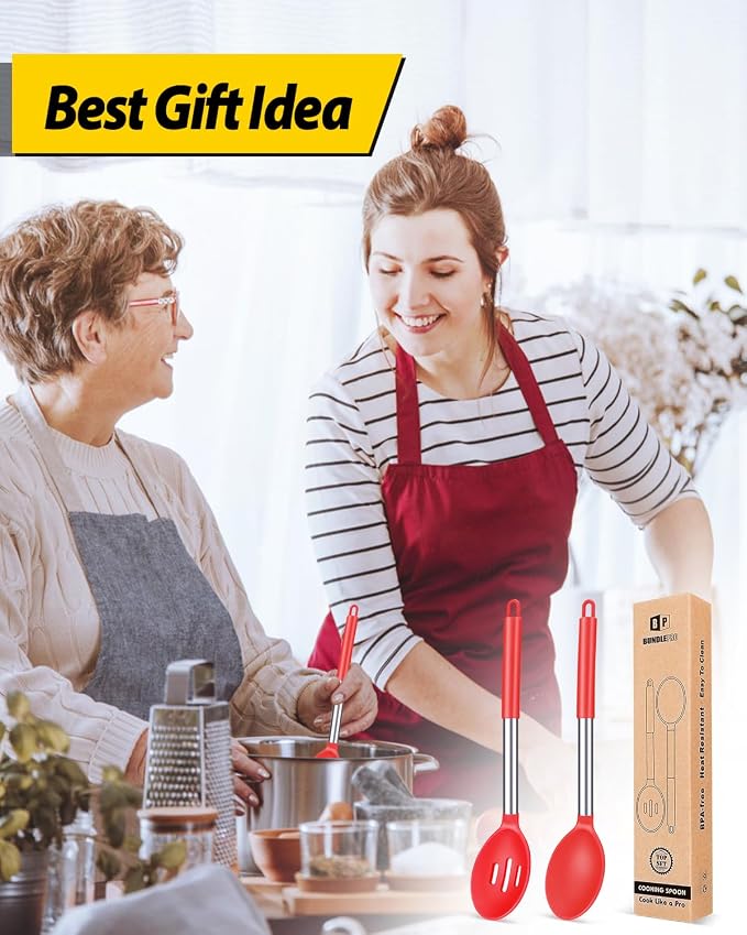 BUNDLEPRO Silicone Cooking Spoons for Non Stick Cookware, 2 Pack, RED | Heat Resistant, Large Kitchen Spoons for Mixing, Serving, Draining, Stirring