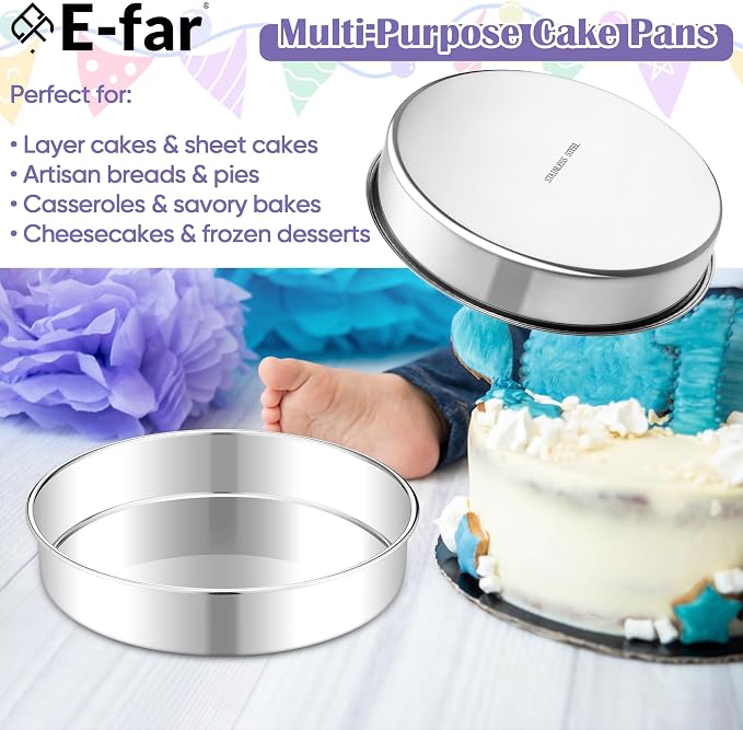 E-far 9 Inch Round Cake Pan, 2-Piece Stainless Steel Round Baking Mold Tins | Non-Toxic & Leak-Proof for Birthday Wedding Layer Tiered Cake, Easy Clean & Dishwasher Safe