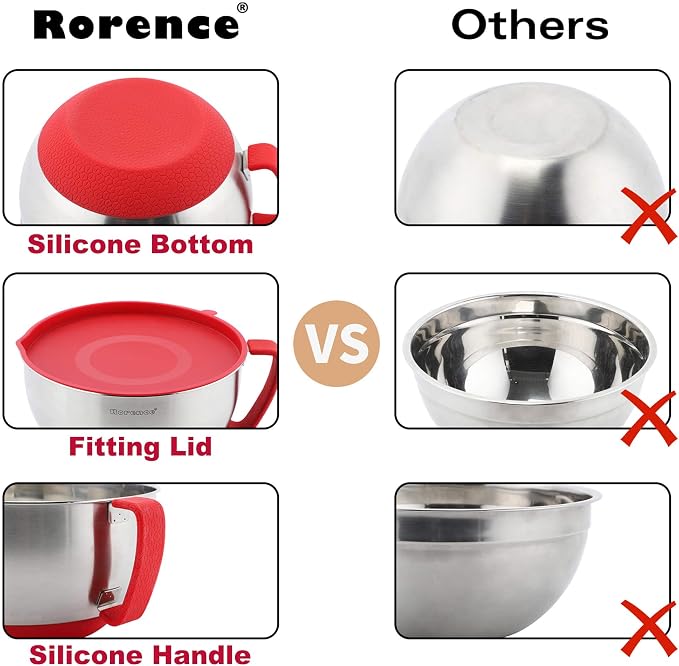 Stainless Steel Mixing Bowls: Metal Mixing Bowl Set with Lids and Handles Non-slip Silicone Bottom Nesting Bowls for Kitchen Set of 3 - Red