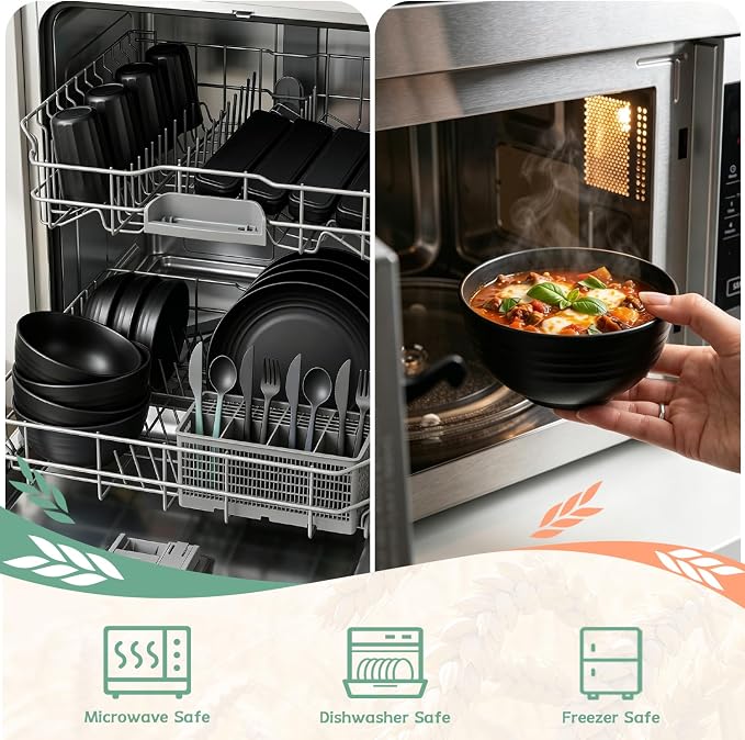 PYRMONT Dinnerware Set Wheat Straw Bowls and Plates Set Unbreakable Kitchen Dishes Service for 4 Microwave & Dishwasher Safe Plastic Dish Set for Camping,RV,Picnic-Black