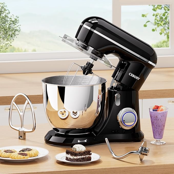 CEBORY 3-IN-1 Electric Stand Mixer, 6.5QT Bowl 660W 10-Speed Kitchen Mixer, Household Food Mixers include Dough Hook, Beater and Whisk, Bread Cake Mixer for Baking and Most Home Cooks, Black