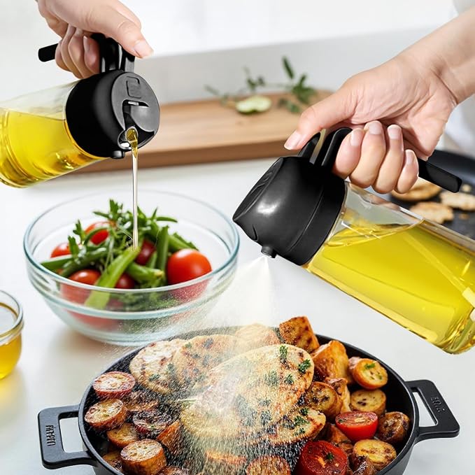2-in-1 Cooking Oil Bottle, Glass Olive Oil Sprayer & Dispenser, Food-Safe Refillable Spritzer, Dual Function Pour and Spray Design, Leak Resistant for BBQ, Salad, Air Frying & Baking
