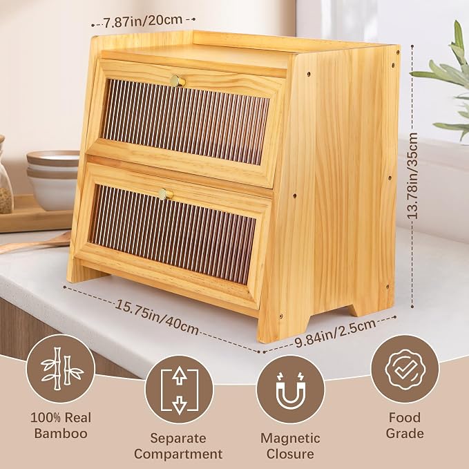 VEDALIO Bread Box For Kitchen Countertop, Corner Breadbox, Bread Boxes for Kitchen Counter Organizer Decor Storage, Wooden Storage Box Breadbox, Housewarming Birthday Wedding Christmas Gift