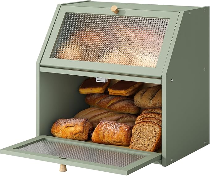 STDDRE Bread Box for Kitchen Countertop Bin Double Layer Bread Box Storage Container Extra Large Capacity Farmhouse with Diamond Pattern Windows (Green, Extra Large)