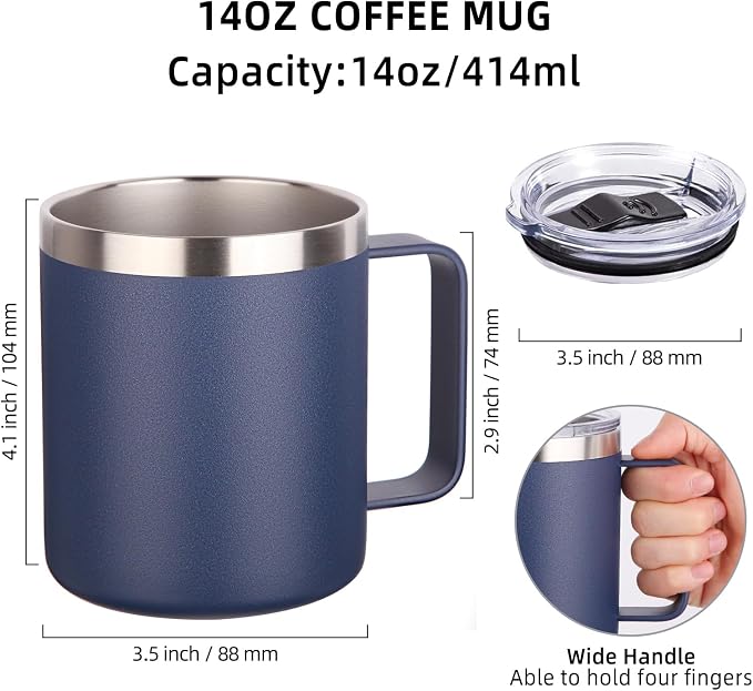 Volhoply 14oz Insulated Stainless Steel Coffee Mug with Lid Bulk 8 Pack,Double Wall Vacuum Travel Coffee Cup with Handle,Reusable Metal Cups Tumbler Cup, Camping Mugs,Ideal Gifts(Mix,8)
