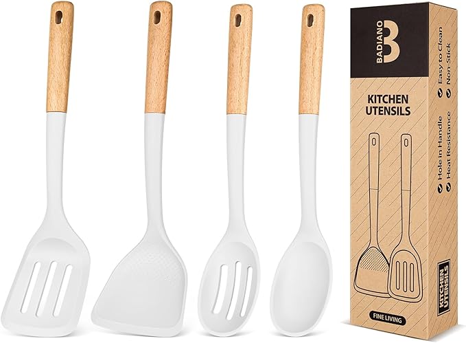 Silicone Cooking Utensils Set, Safe for Nonstick Cookwares, White | Perfectly Angled for Frying, Mixing,Serving,Draining,Turning and Stirring, BPA-Free Matte Silicone, Wood Handles,4 Pack