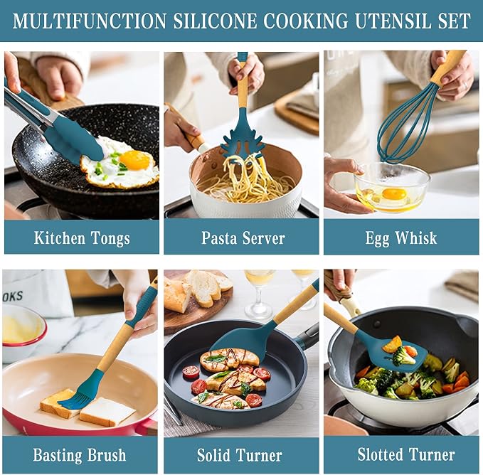33 PCS Silicone Kitchen Utensils Set, Umite Chef Heat Resistant Cooking Utensils Set With Holder, Wooden Handle Kitchen Gadgets Tools Spatula for Nonstick Cookware