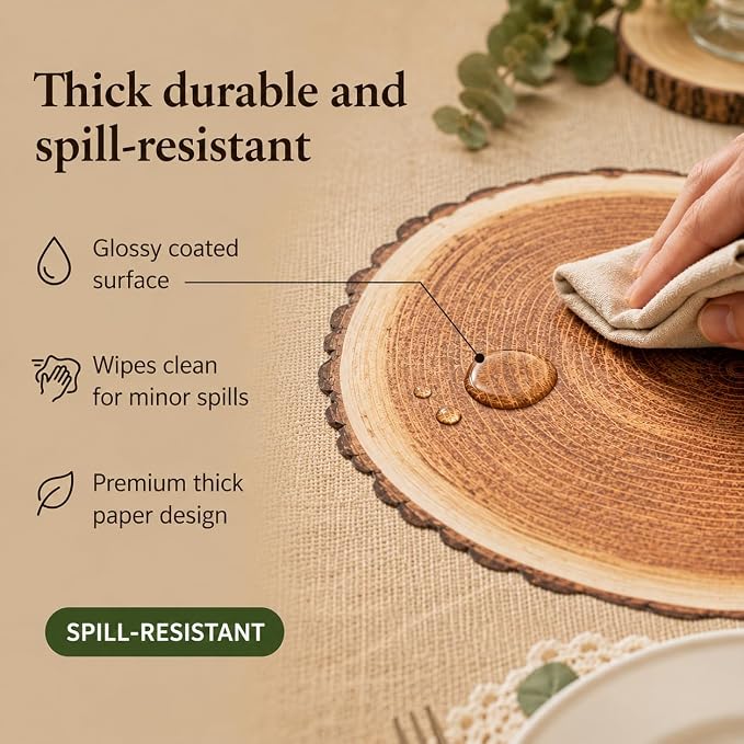 Wood Slice Placemats 50 Pack Rustic Round Disposable Paper Place Mats 13.5" | Farmhouse Woodland Table Décor for Camping BBQ Wedding Parties