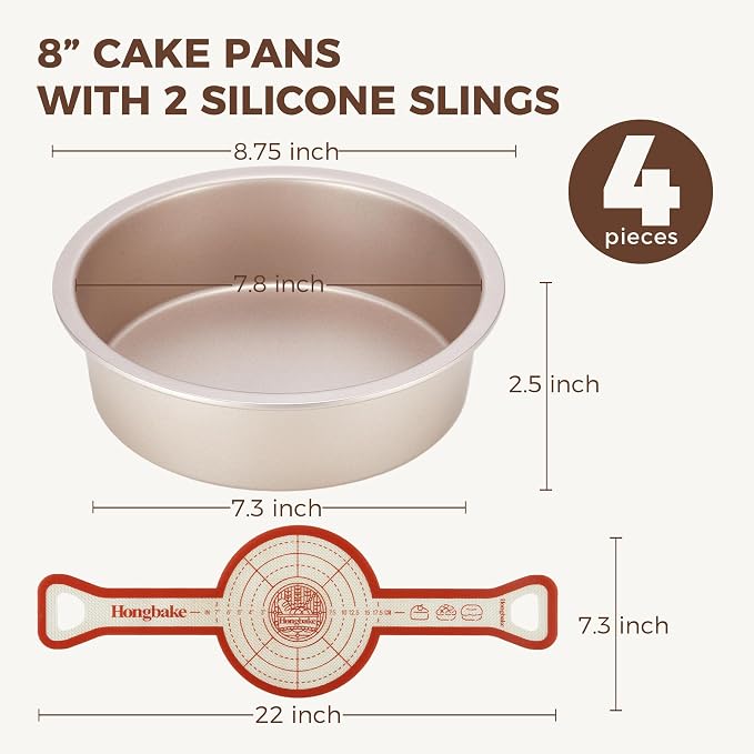 8 Inch Round Cake Pan Set for Baking with 2 Pcs Silicone Baking Sling Mats, Nonstick Circle Cake Pans Set of 2, 2.5" Deeper Layer Cake Tin for Oven, Cheesecake Mold, Huty Duty, Golden