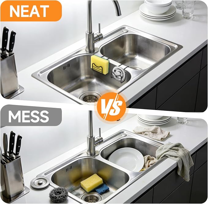 2 Pack Sponge Holder for Kitchen Sink | Movable Hanging Sponge Caddy Organizer, Stainless Steel Caddy in Over Double Bowl Sink for Stopper, Brush