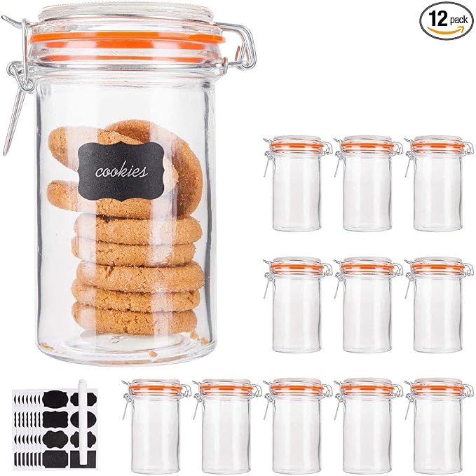 16 oz Glass Jars with Hinged Lids, 12 Pack Airtight Storage Jars | Leakproof Rubber Gasket, Wide Mouth Mason Jars for Kitchen Canisters,Food Storage, Pickling,Fermenting,Pantry