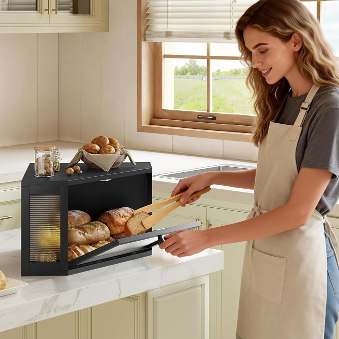 WOWLIVE Corner Bread Box, Bamboo Bread Storage with Acrylic Wavy Door | Breadbox for Kitchen Countertop, Large Farmhouse Bread Holder for Homemade Bread, Multi-functional Container, Black
