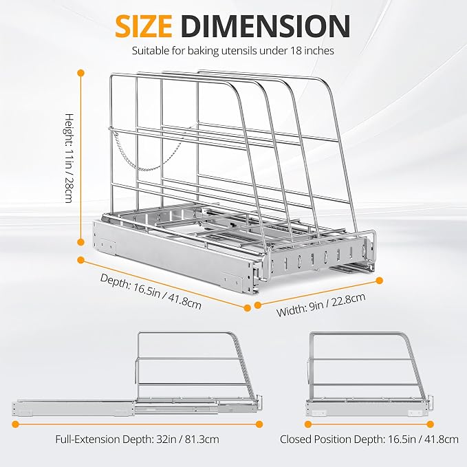 NestSprout Pull Out Cabinet Organizer for Cutting Board, Cookie Sheet, Baking Sheet, Stainless Steel Sliding Rack for Bakeware & Trays, Heavy-Duty Cutting Board Organizer 9”W x 16.5”D | Stainless Steel Sliding Rack for Bakeware & Trays, Heavy-Duty Cutt...