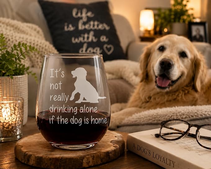 C M Stemless Wine Glass, The Dog Is Home, Funny Dog Lover Gift, Style D1 | 17 oz, Funny, For Him, Her, Dog Moms, Wife, Husband, Friend. Pet Owners, Cute Dog Gift for Men Women
