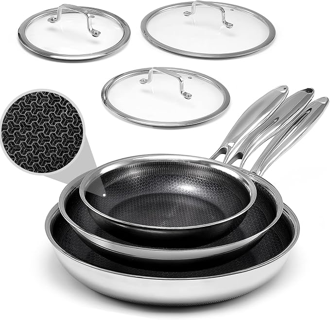 USELUCK Hybrid Non Stick Frying Pans with Lid,8/10/12 inch Frying Pan Set | Stainless Steel Skillet with Honeycomb Surface,Oven-Safe,PFAS-Free,Compatible with All Cooktops.
